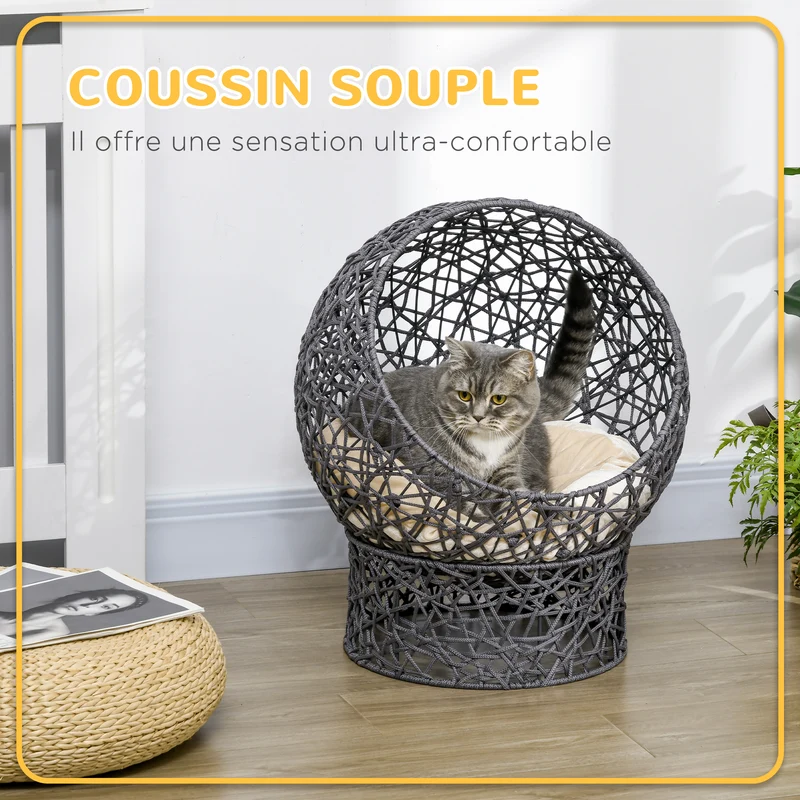 Panier pour chat surélevé niche nid cosy sécurisé 50 x 50 x 60 cm coussin moelleux stable tressé moderne en acier violet 21_0007618