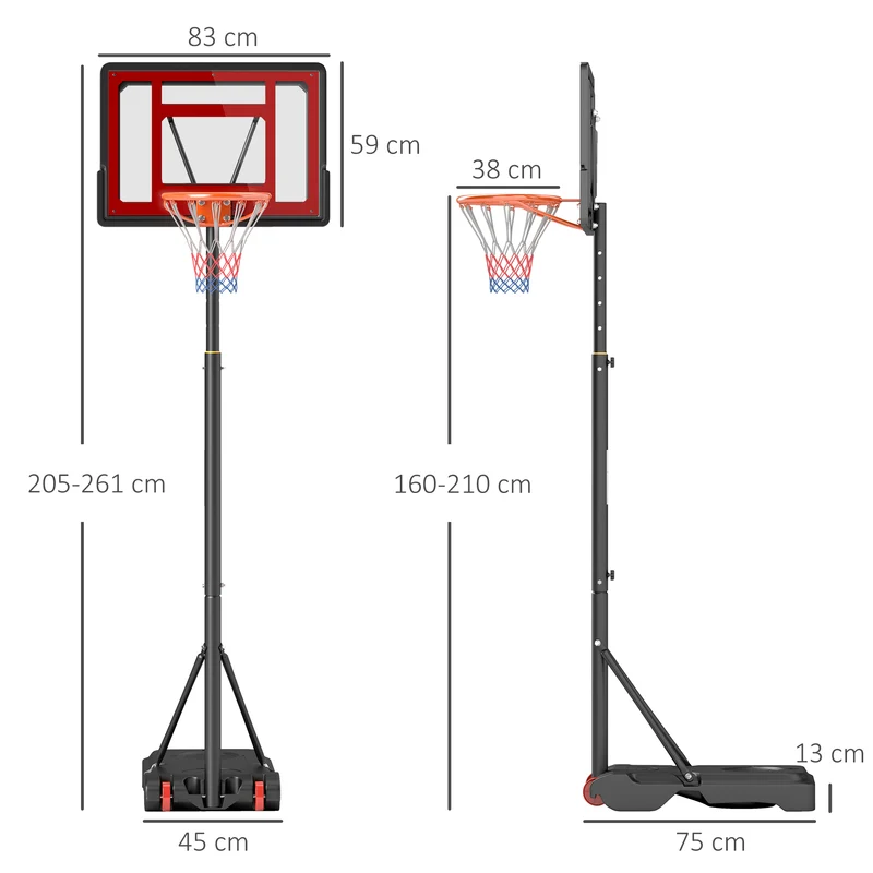 Panier de basket sur pied extérieur réglable 75 x 45 x 205–261 cm base remplissable roulettes moderne en acier noir 21_0006606