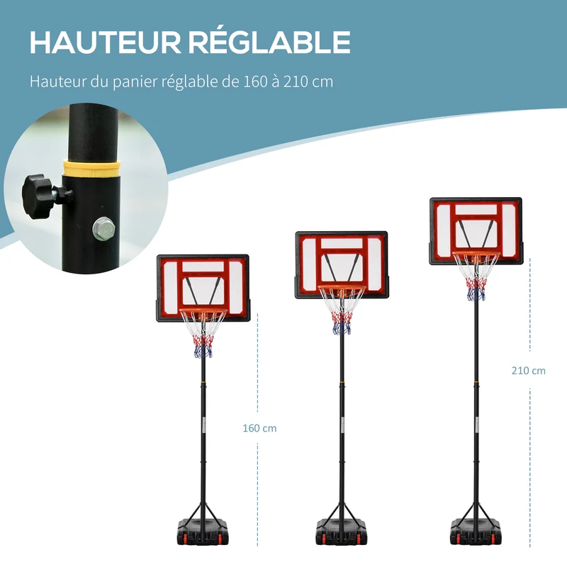 Panier de basket sur pied extérieur réglable 75 x 45 x 205–261 cm base remplissable roulettes moderne en acier noir 21_0006606
