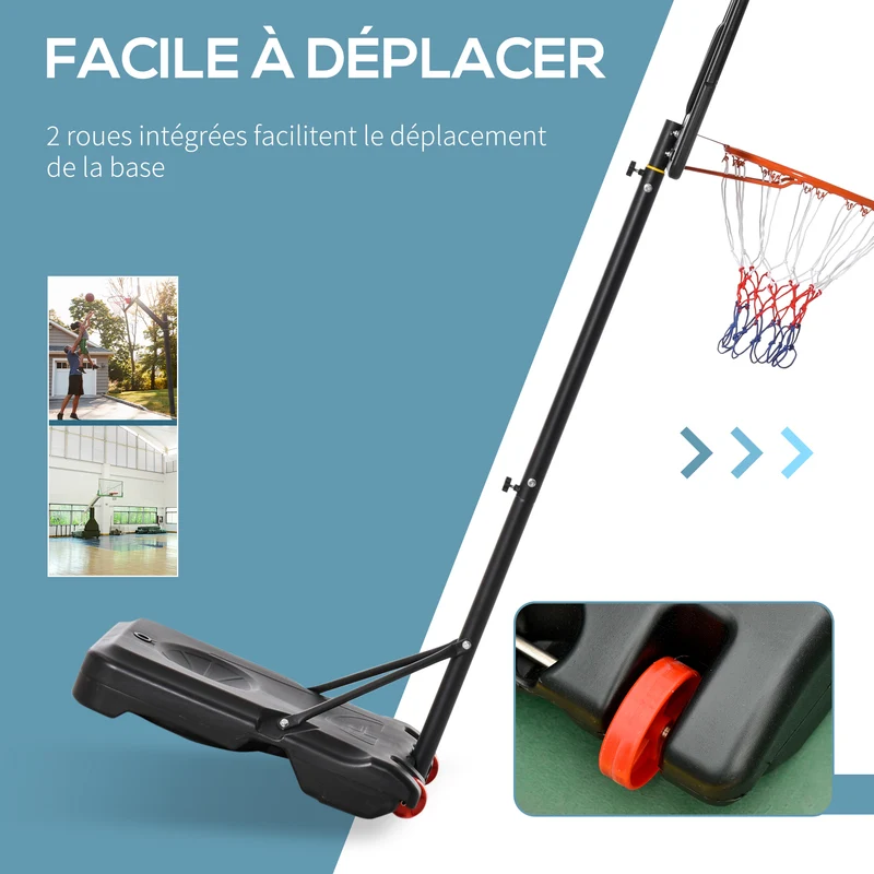 Panier de basket sur pied extérieur réglable 75 x 45 x 205–261 cm base remplissable roulettes moderne en acier noir 21_0006606