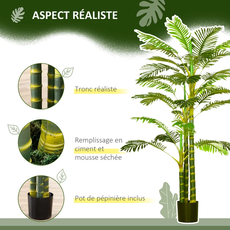 Palmier artificiel intérieur extérieur 19.5 x 19.5 x 190 cm sans entretien avec pot décoratif contemporain en PP vert 21_0001259