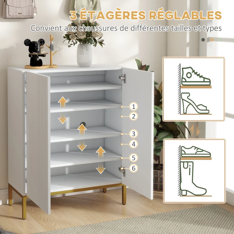 Meuble à chaussures entrée 72 x 31,5 x 95 cm fermeture douce étagères réglables moderne en panneau de particules blanc 21_0002709