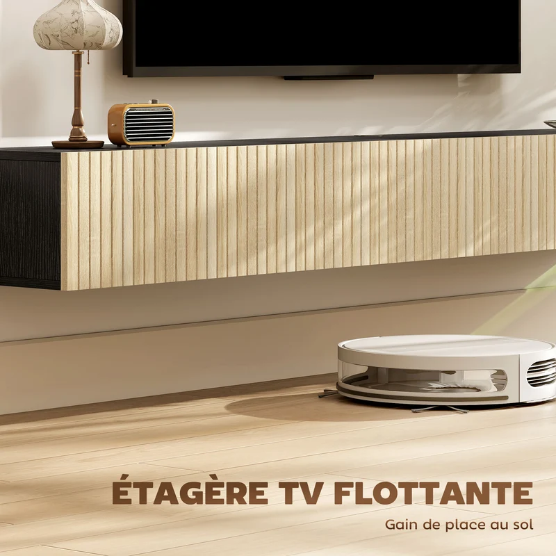 Meuble tv suspendu salon 140 x 25 x 22 cm rangement cache câbles intégré portes cannelées scandinave en MDF bois naturel 21_0003612