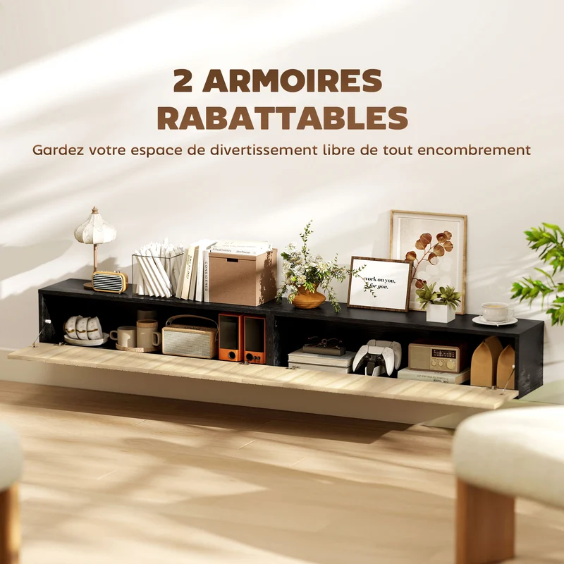 Meuble tv suspendu salon 140 x 25 x 22 cm rangement cache câbles intégré portes cannelées scandinave en MDF bois naturel 21_0003612