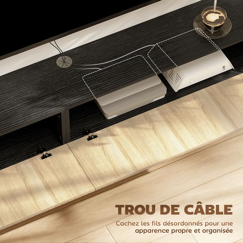 Meuble tv suspendu salon 140 x 25 x 22 cm rangement cache câbles intégré portes cannelées scandinave en MDF bois naturel 21_0003612