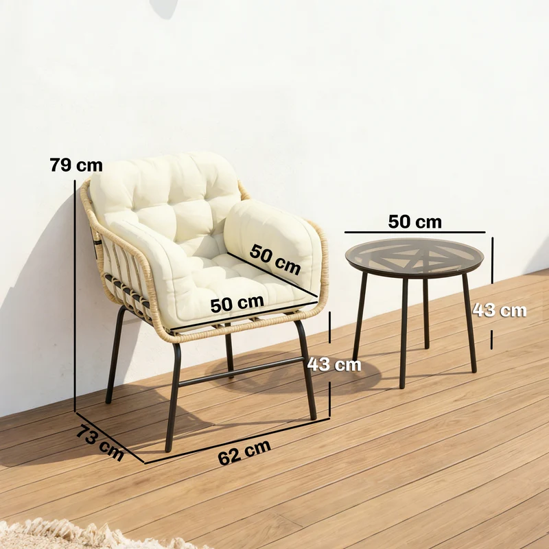 Lot de 3 salon de jardin bistro 62 x 73 x 79 cm confort coussins déhoussables design contemporain en résine tressée kaki 21_0006028