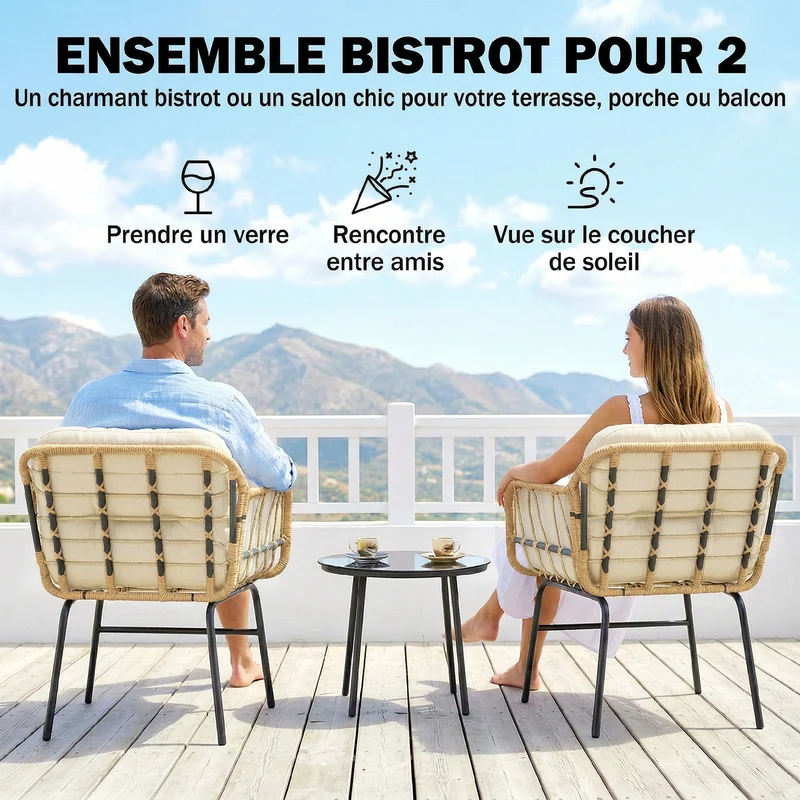 Lot de 3 salon de jardin bistro 62 x 73 x 79 cm confort coussins déhoussables design contemporain en résine tressée kaki 21_0006028
