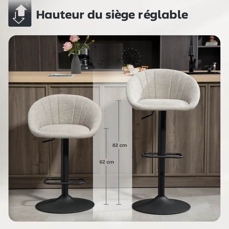 Lot de 2 tabourets de bar pour cuisine 53,5 x 46 x 103 cm hauteur réglable avec repose-pieds moderne en tissu beige 21_0003340