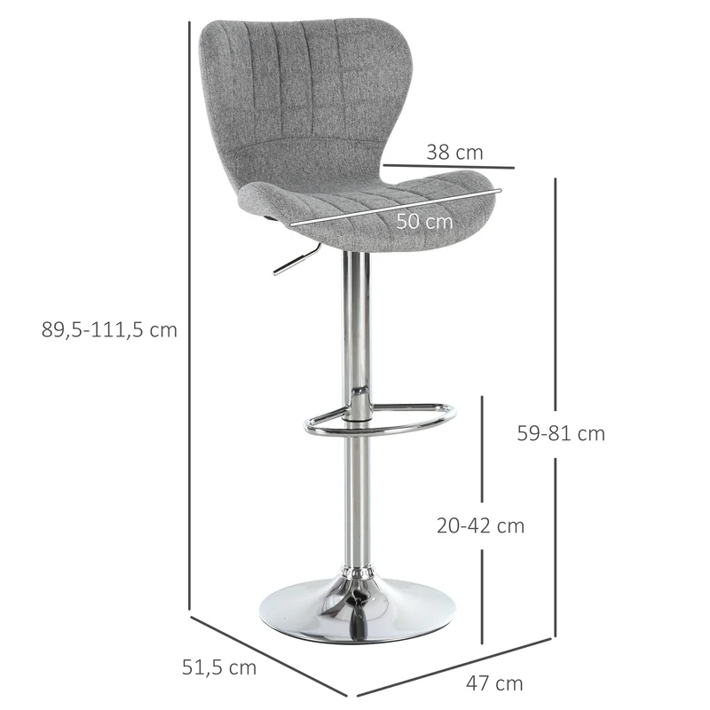 Lot de 2 tabourets de bar assise ergonomique réglable pivotant 360° 50 x 38 x 59-81 cm design contemporain en lin gris 21_0002186