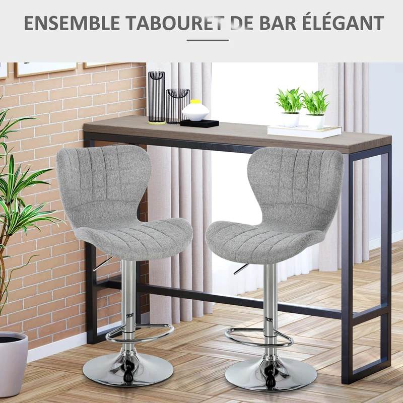 Lot de 2 tabourets de bar assise ergonomique réglable pivotant 360° 50 x 38 x 59-81 cm design contemporain en lin gris 21_0002186