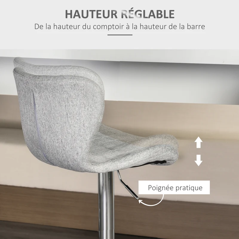 Lot de 2 tabourets de bar assise ergonomique réglable pivotant 360° 50 x 38 x 59-81 cm design contemporain en lin gris 21_0002186