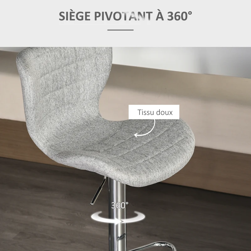 Lot de 2 tabourets de bar assise ergonomique réglable pivotant 360° 50 x 38 x 59-81 cm design contemporain en lin gris 21_0002186