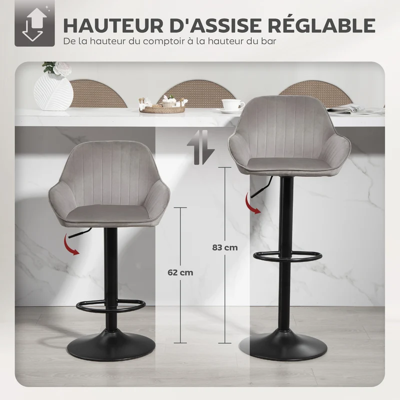 Lot de 2 tabourets de bar 50.5 x 50 x 87-107 cm pivotant 360° dossier rembourré contemporain moderne en polyester gris 21_0003327