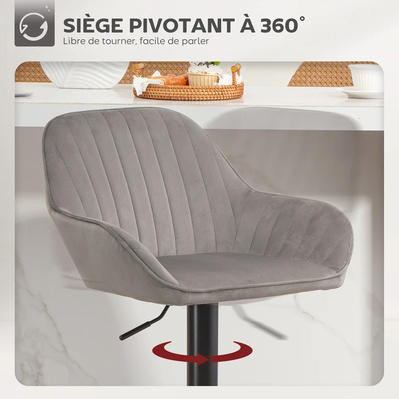Lot de 2 tabourets de bar 50.5 x 50 x 87-107 cm pivotant 360° dossier rembourré contemporain moderne en polyester gris 21_0003327