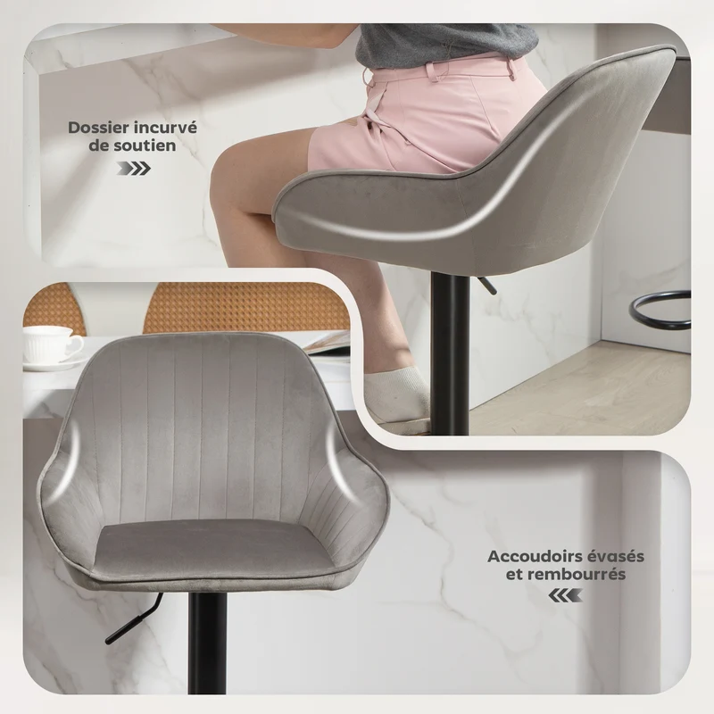 Lot de 2 tabourets de bar 50.5 x 50 x 87-107 cm pivotant 360° dossier rembourré contemporain moderne en polyester gris 21_0003327