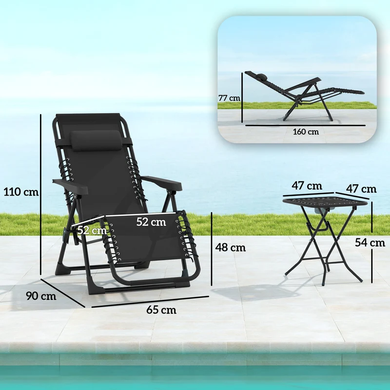 Lot de 2 chaises longues jardin pliables 160 x 65 x 77 cm 5 positions appuie-tête amovible moderne en textilène noir 21_0005306