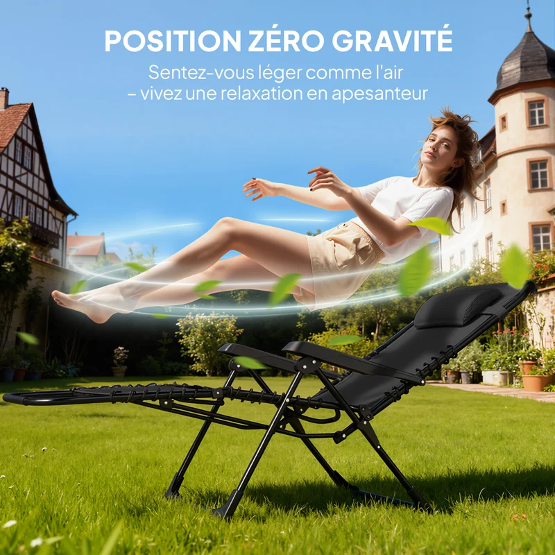 Lot de 2 chaises longues jardin pliables 160 x 65 x 77 cm 5 positions appuie-tête amovible moderne en textilène noir 21_0005306