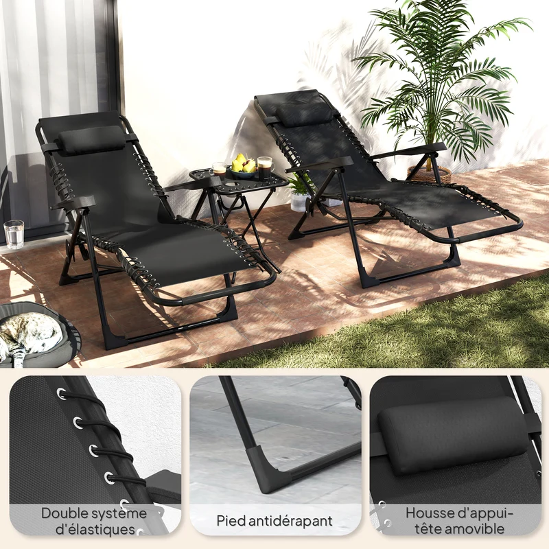 Lot de 2 chaises longues jardin pliables 160 x 65 x 77 cm 5 positions appuie-tête amovible moderne en textilène noir 21_0005306