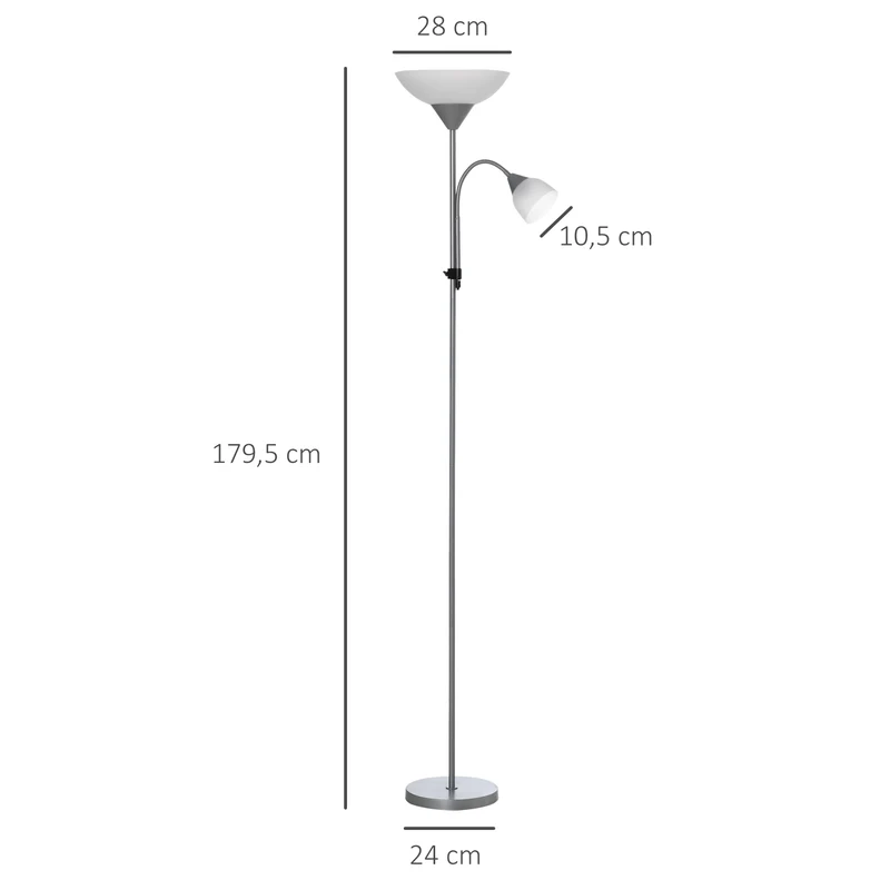 Lampadaire sur pied salon 2 têtes réglables utiles interrupteur double 28 x 179.5 cm design contemporain en métal argent 21_0007010