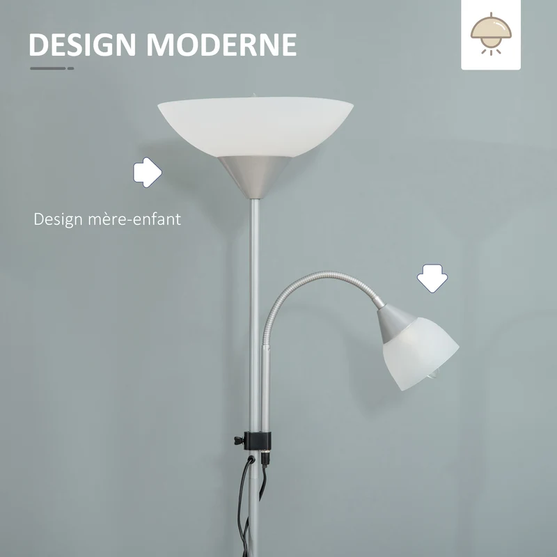 Lampadaire sur pied salon 2 têtes réglables utiles interrupteur double 28 x 179.5 cm design contemporain en métal argent 21_0007010