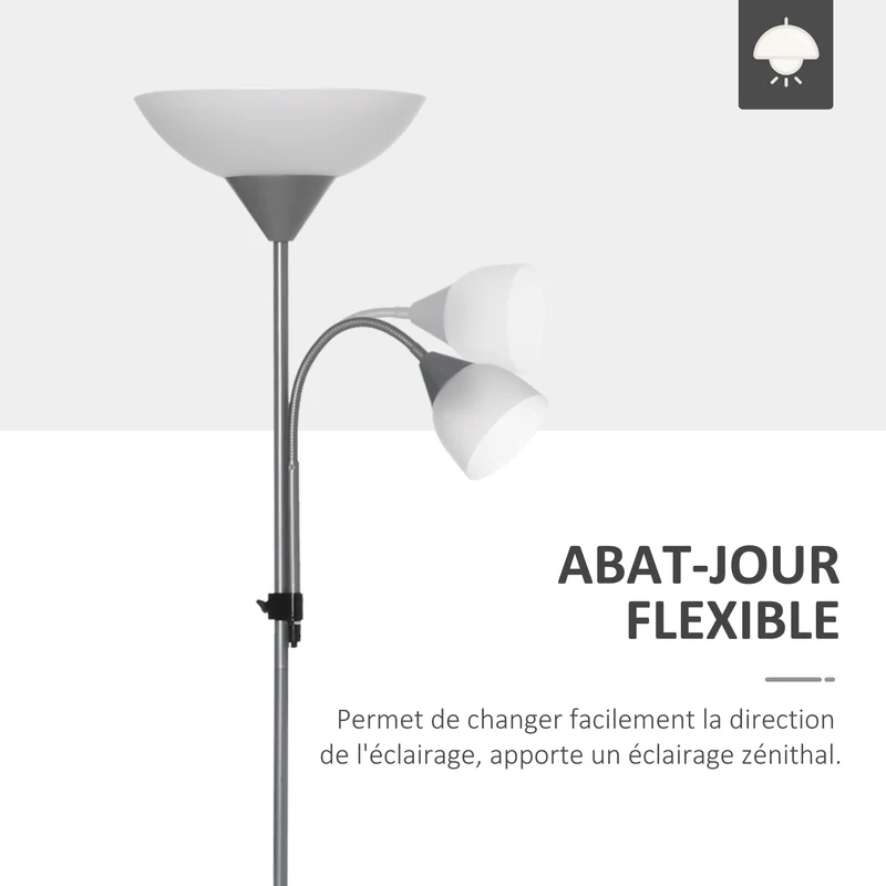 Lampadaire sur pied salon 2 têtes réglables utiles interrupteur double 28 x 179.5 cm design contemporain en métal argent 21_0007010