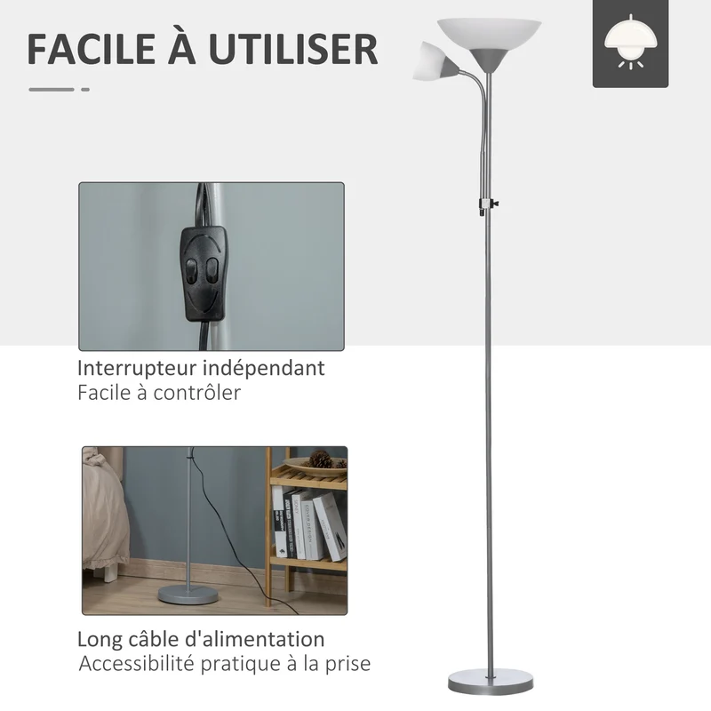 Lampadaire sur pied salon 2 têtes réglables utiles interrupteur double 28 x 179.5 cm design contemporain en métal argent 21_0007010