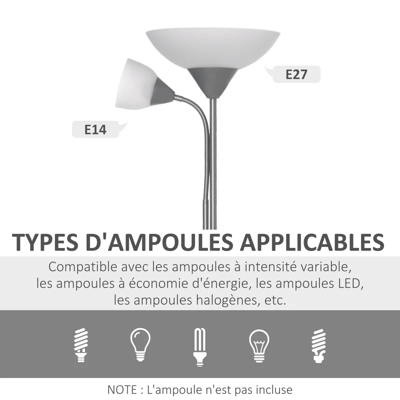 Lampadaire sur pied salon 2 têtes réglables utiles interrupteur double 28 x 179.5 cm design contemporain en métal argent 21_0007010