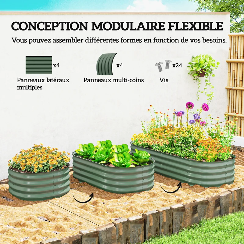 Jardinière surélevée carré potager 150 x 62 x 30 cm modulable protège racines jardin moderne industriel en acier vert 21_0004377