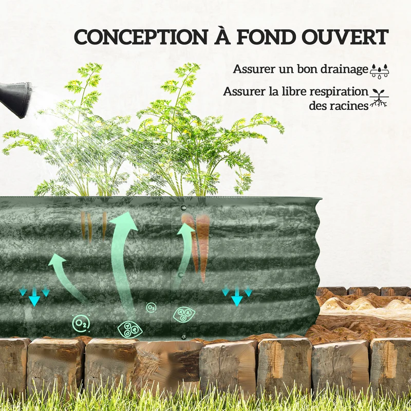 Jardinière surélevée carré potager 150 x 62 x 30 cm modulable protège racines jardin moderne industriel en acier vert 21_0004377