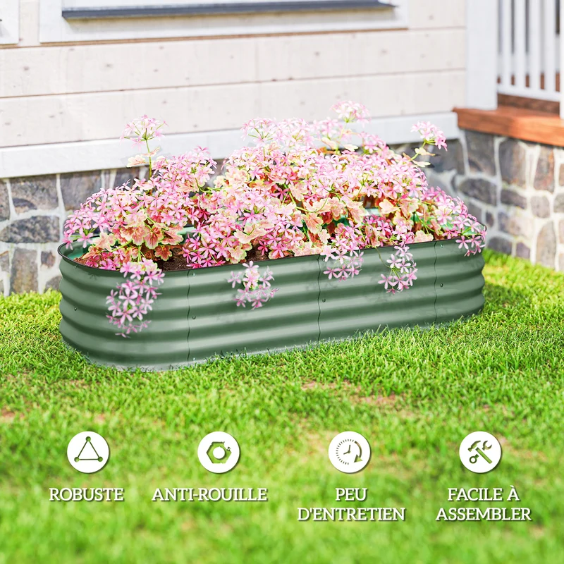 Jardinière surélevée carré potager 150 x 62 x 30 cm modulable protège racines jardin moderne industriel en acier vert 21_0004377