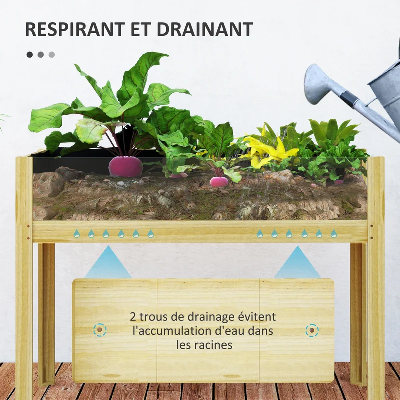 Jardinière sur pieds carré potager 110 x 50 x 80 cm observation facile et drainage optimal rustique en bois naturel 21_0005492