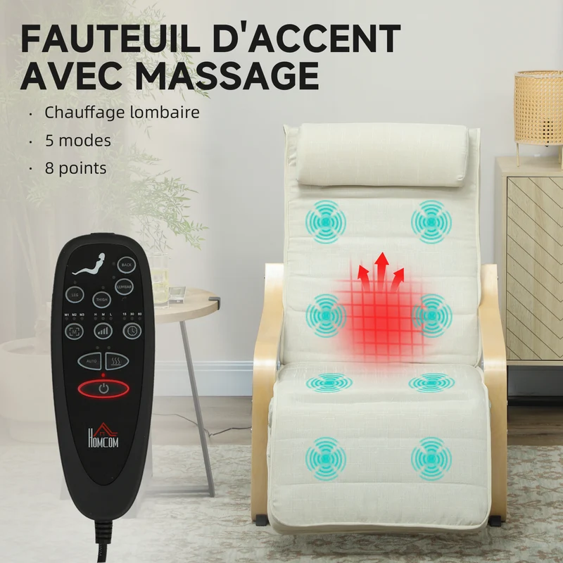 Fauteuil relax de salon dossier haut 67 x 95 x 101 cm massage 8 points chauffage lombaire moderne épuré en lin crème 21_0003495