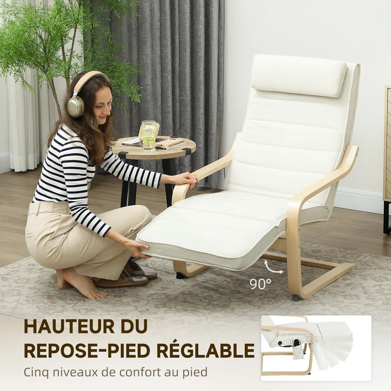 Fauteuil relax de salon dossier haut 67 x 95 x 101 cm massage 8 points chauffage lombaire moderne épuré en lin crème 21_0003495