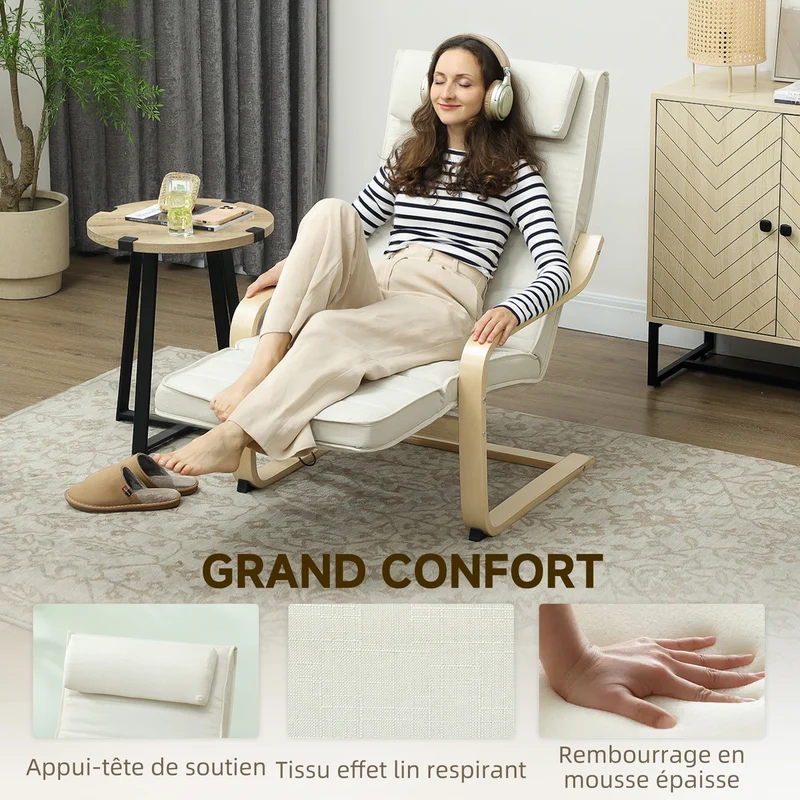 Fauteuil relax de salon dossier haut 67 x 95 x 101 cm massage 8 points chauffage lombaire moderne épuré en lin crème 21_0003495