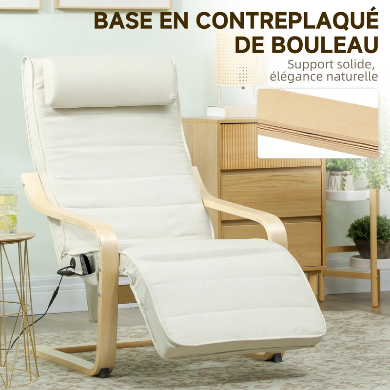 Fauteuil relax de salon dossier haut 67 x 95 x 101 cm massage 8 points chauffage lombaire moderne épuré en lin crème 21_0003495