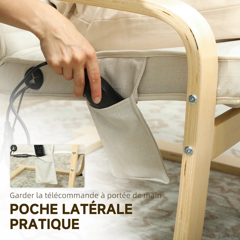 Fauteuil relax de salon dossier haut 67 x 95 x 101 cm massage 8 points chauffage lombaire moderne épuré en lin crème 21_0003495