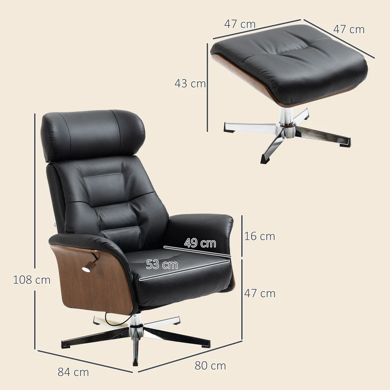 Fauteuil relax avec tabouret inclinable 135° têtière réglable 80 x 84 x 108 cm ergonomique design moderne en PU noir 21_0003085
