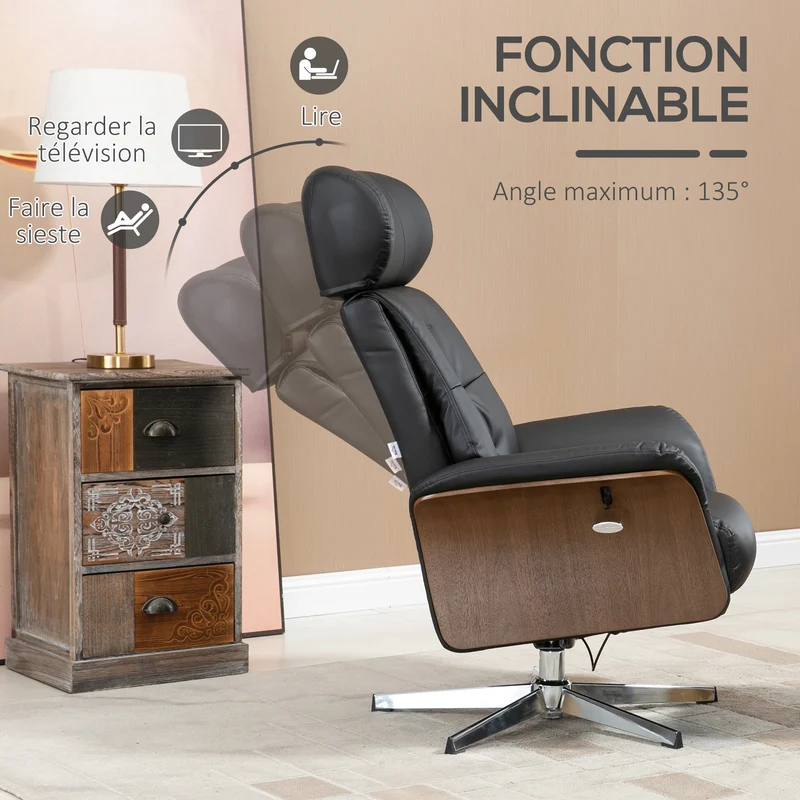 Fauteuil relax avec tabouret inclinable 135° têtière réglable 80 x 84 x 108 cm ergonomique design moderne en PU noir 21_0003085