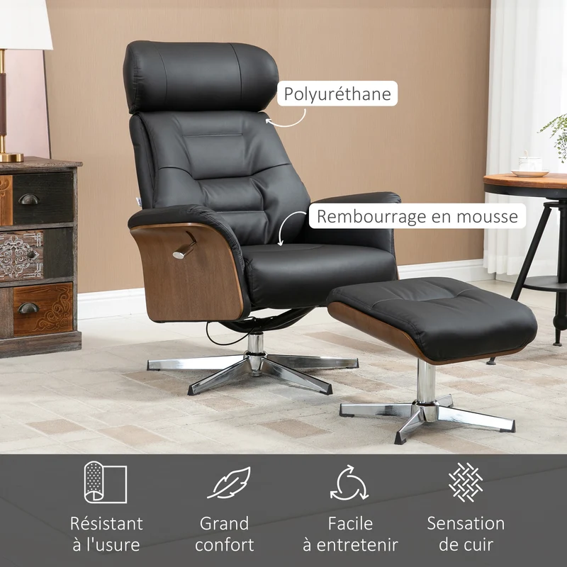 Fauteuil relax avec tabouret inclinable 135° têtière réglable 80 x 84 x 108 cm ergonomique design moderne en PU noir 21_0003085
