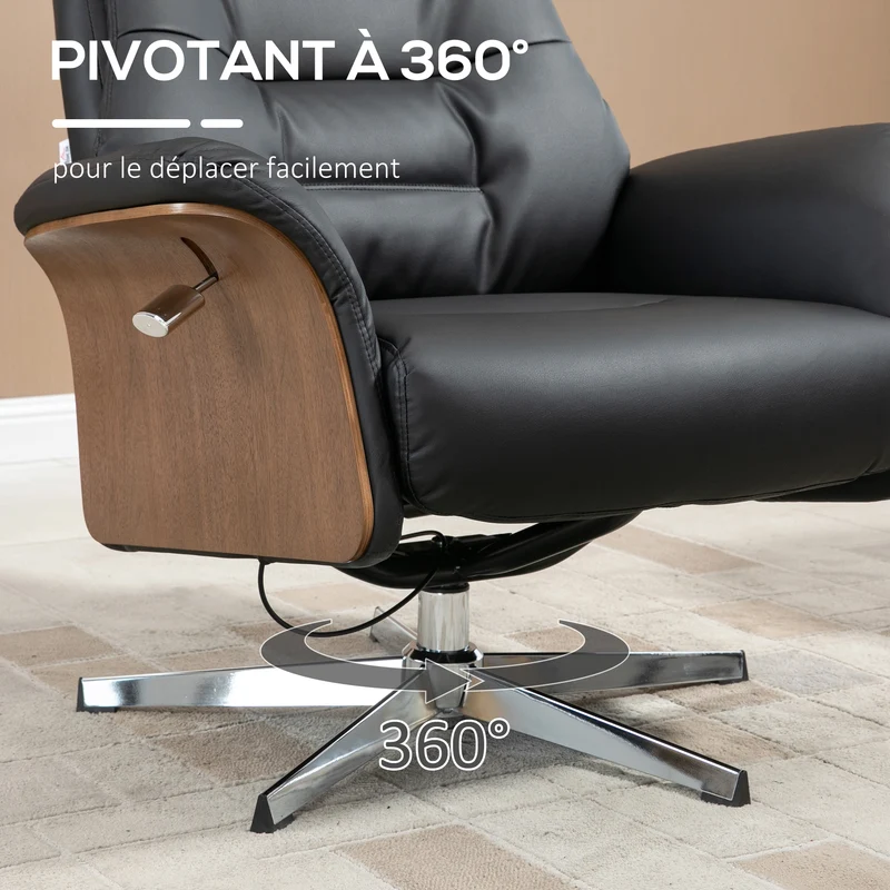 Fauteuil relax avec tabouret inclinable 135° têtière réglable 80 x 84 x 108 cm ergonomique design moderne en PU noir 21_0003085