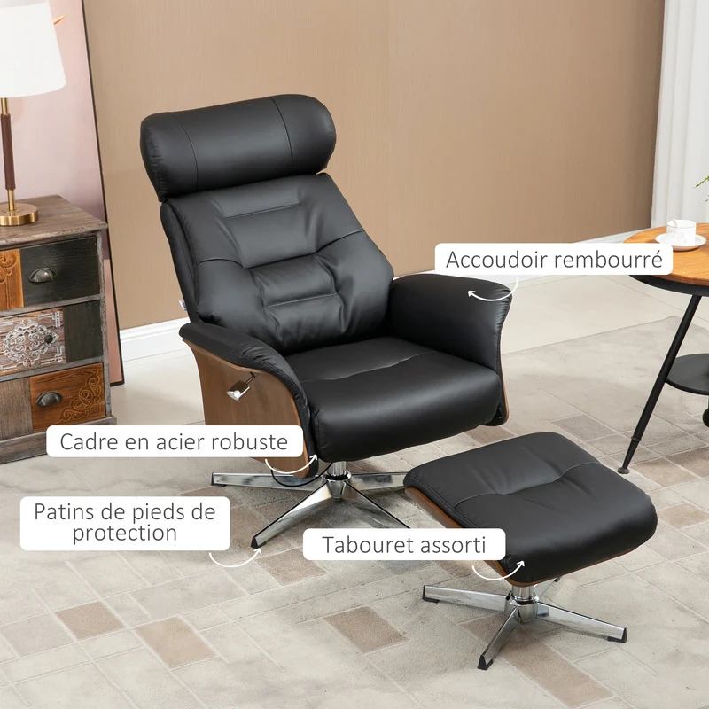 Fauteuil relax avec tabouret inclinable 135° têtière réglable 80 x 84 x 108 cm ergonomique design moderne en PU noir 21_0003085