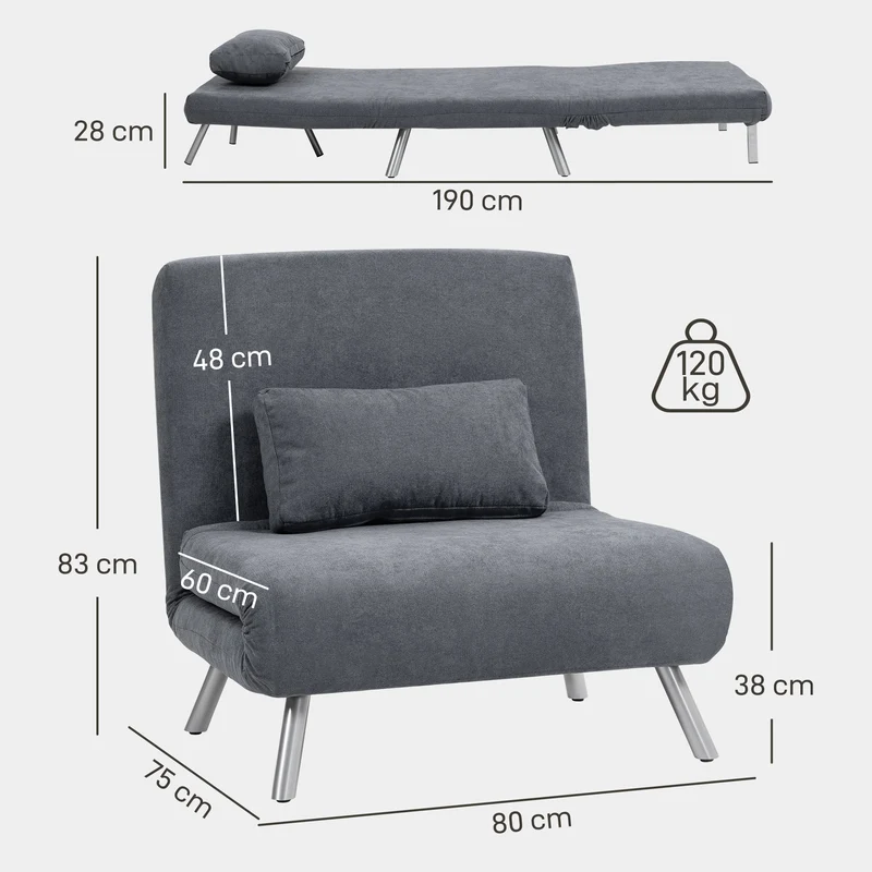 Fauteuil convertible 1 place clic-clac 80 x 75 x 83 cm lit rabattable dossier 5 positions moderne en flanelle gris foncé 21_0003521