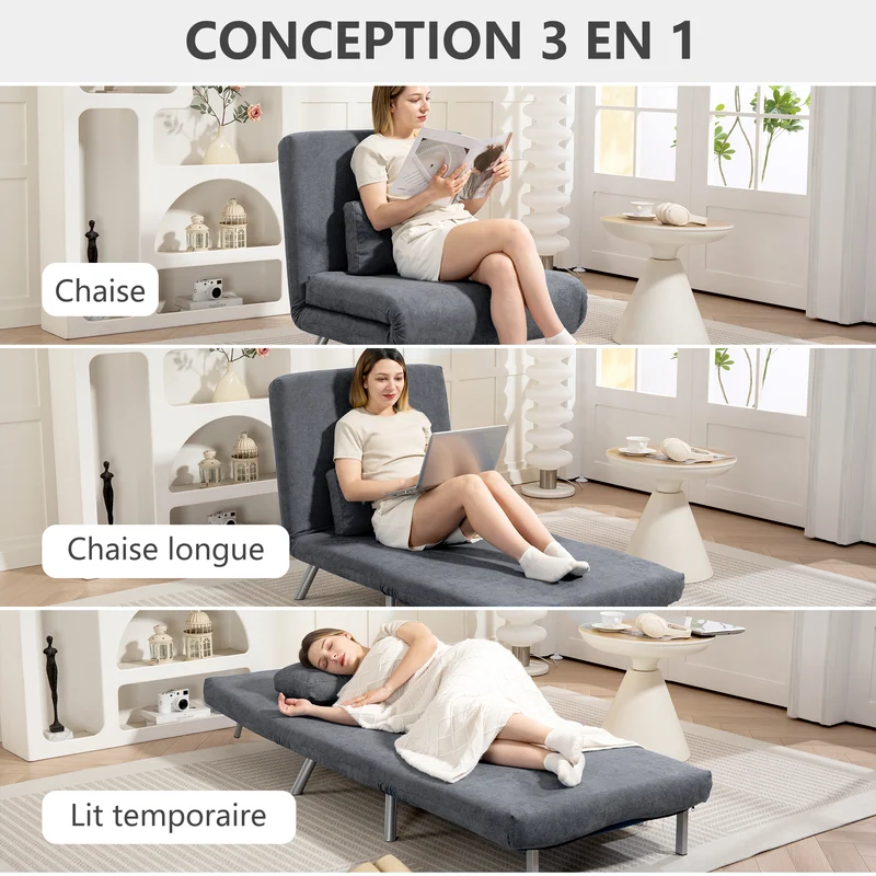 Fauteuil convertible 1 place clic-clac 80 x 75 x 83 cm lit rabattable dossier 5 positions moderne en flanelle gris foncé 21_0003521
