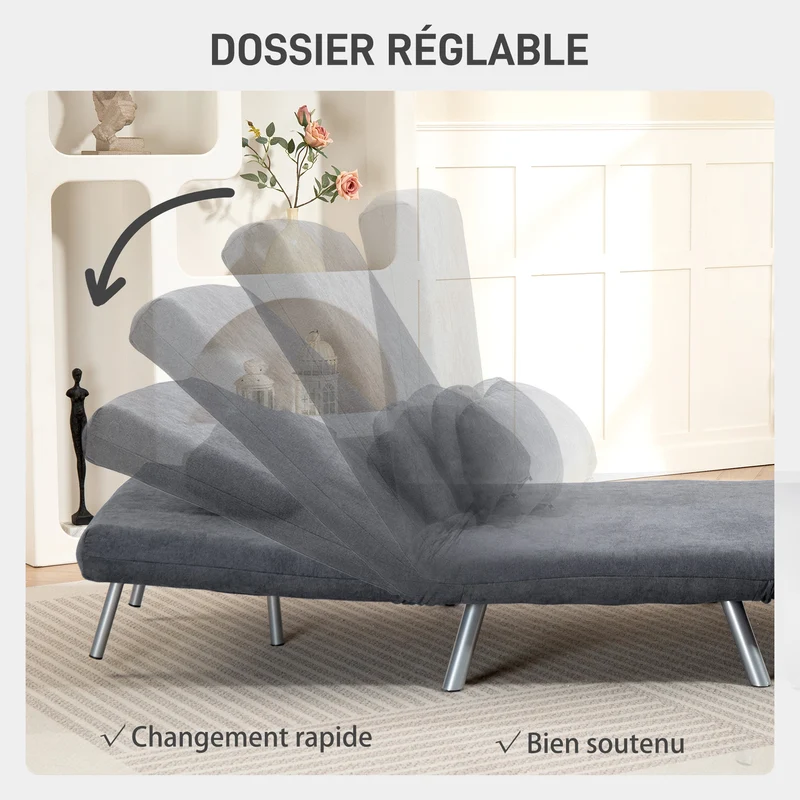 Fauteuil convertible 1 place clic-clac 80 x 75 x 83 cm lit rabattable dossier 5 positions moderne en flanelle gris foncé 21_0003521