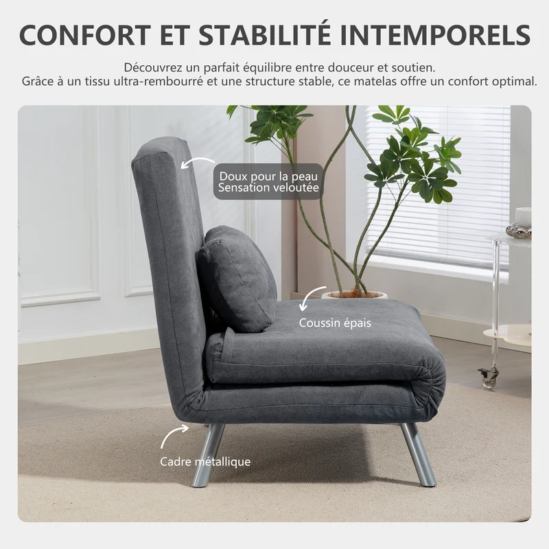 Fauteuil convertible 1 place clic-clac 80 x 75 x 83 cm lit rabattable dossier 5 positions moderne en flanelle gris foncé 21_0003521