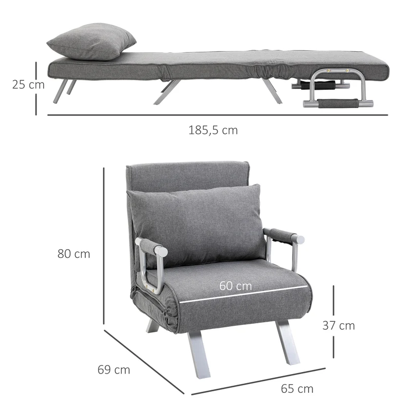 Fauteuil chauffeuse convertible 65 x 69 x 80 cm déhoussable lavable dossier réglable contemporain en lin gris clair 21_0001683