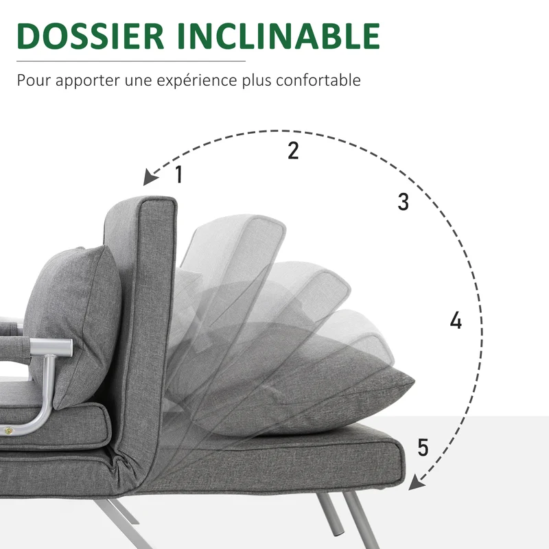 Fauteuil chauffeuse convertible 65 x 69 x 80 cm déhoussable lavable dossier réglable contemporain en lin gris clair 21_0001683