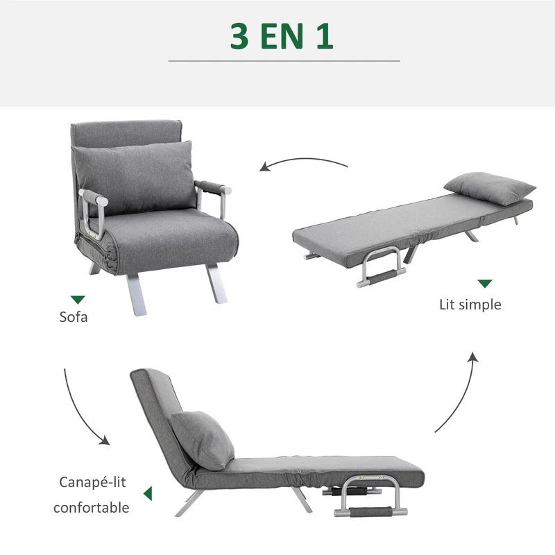 Fauteuil chauffeuse convertible 65 x 69 x 80 cm déhoussable lavable dossier réglable contemporain en lin gris clair 21_0001683