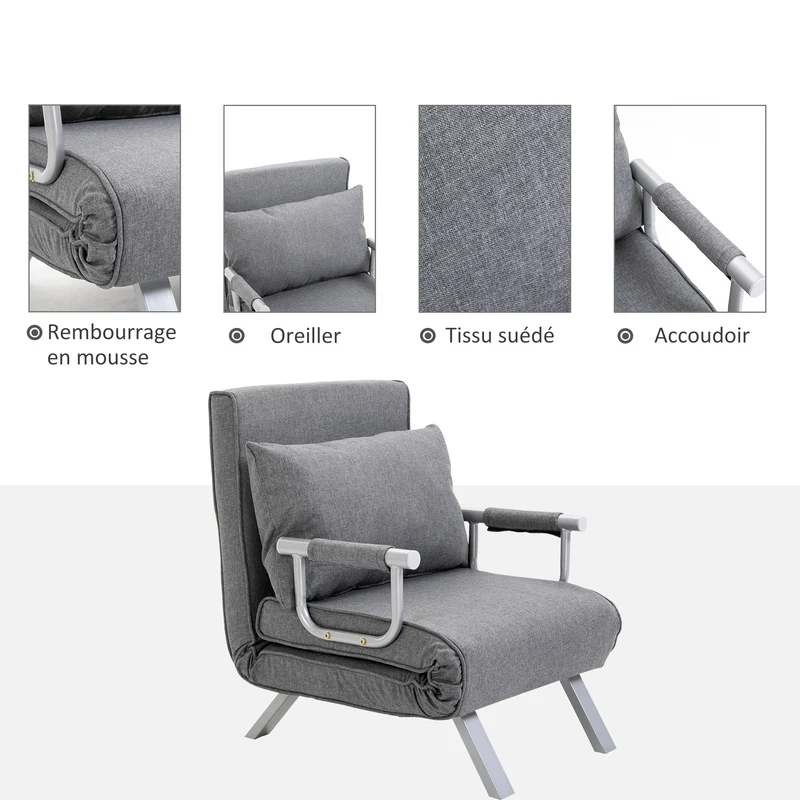 Fauteuil chauffeuse convertible 65 x 69 x 80 cm déhoussable lavable dossier réglable contemporain en lin gris clair 21_0001683