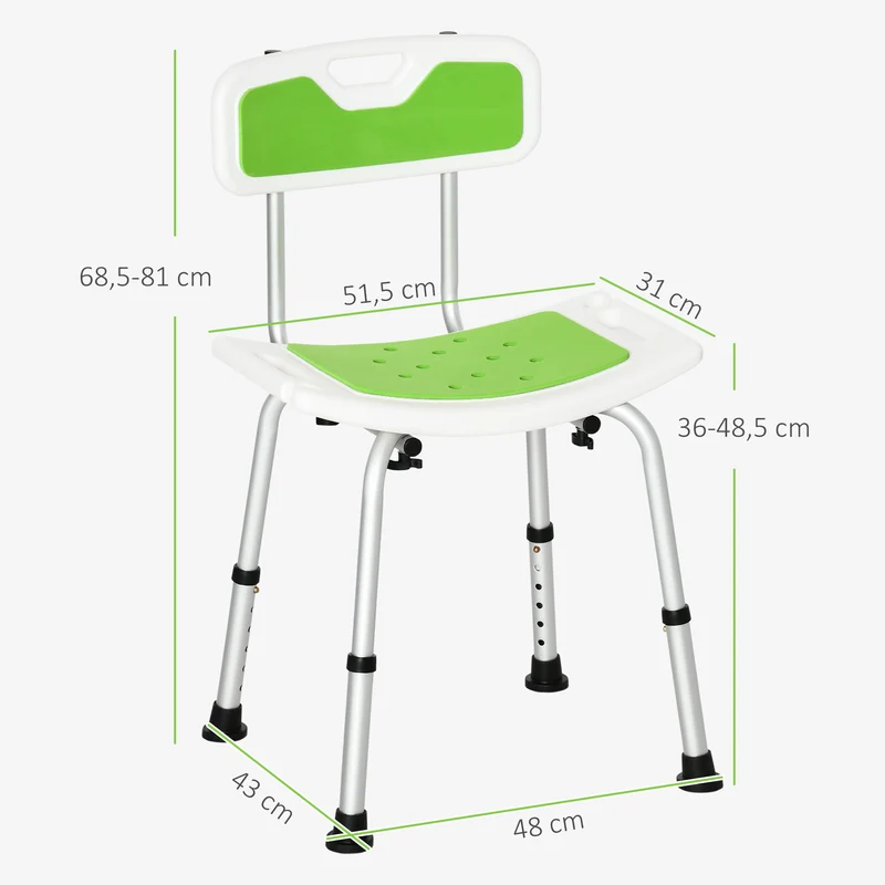Chaise de bain pour seniors réglable 51,5 x 49,5 x 68,5-81 cm assise concave pieds antidérapants épuré en aluminium vert 21_0000888